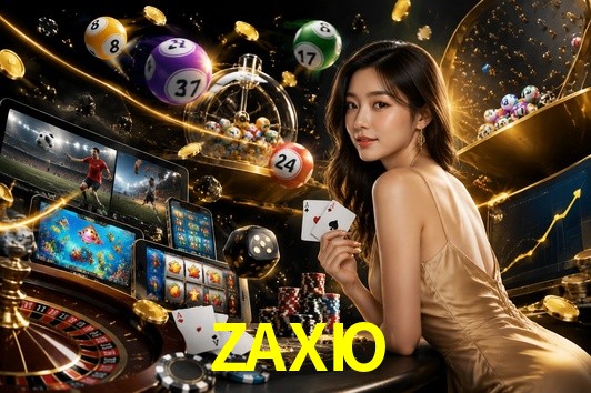 Escena dinámica inspirada en casino con iluminación ZAXIO, cartas, fichas e íconos de juegos digitales en un espacio moderno de juegos.