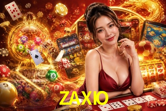 Una escena digital vívida inspirada en casino con ZAXIO mostrado prominentemente, luces brillantes, fichas, cartas y acentos dorados.