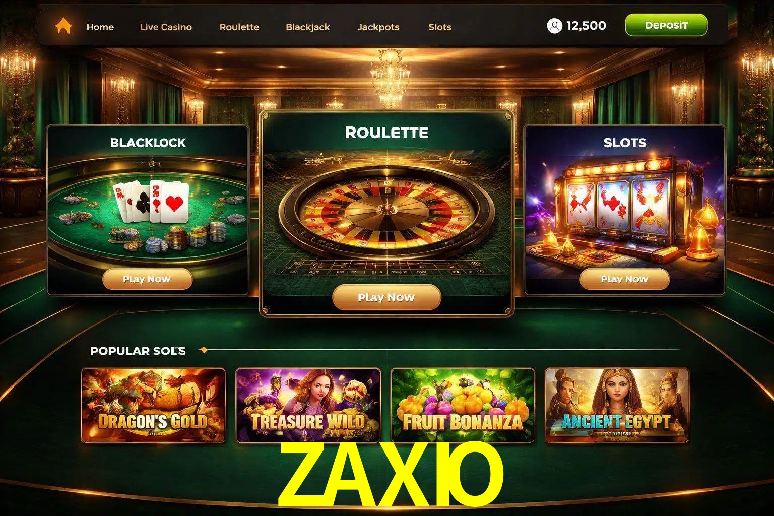 Vista de la plataforma ZAXIO Casino mostrando categorías organizadas de juegos en línea